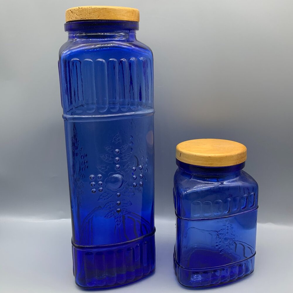 Set of 2 Blue Cobalt Glass Canisters Jars with Wooden Lids
